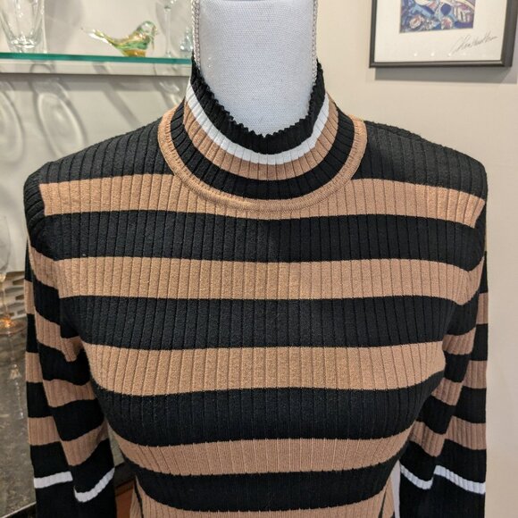 T Tahari LP Petite Mock Neck Ribbed Knit Sweater Black Tan Stripe Button Cuff - Picture 4 of 5